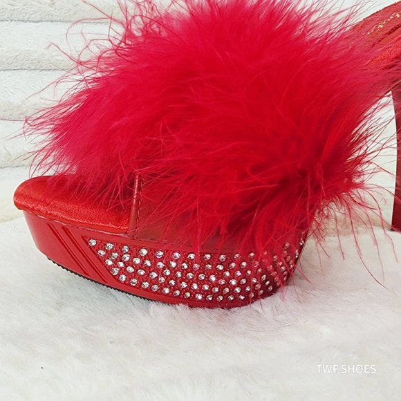 Your Majesty Red Marabou Feather Rhinestone Platform Slip On Slides - Picture 9 of 10